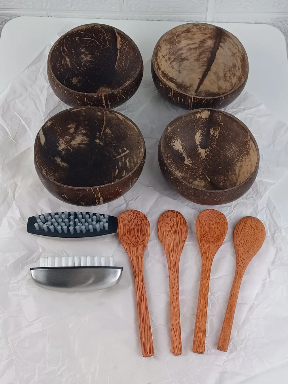 Natural Coconut Bowl Set with Wooden Spoons - Brown